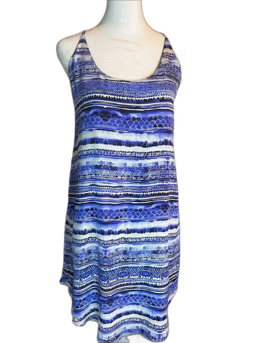 Rory Beca 100% Silk Blue and White Striped Print Slip Dress Size L